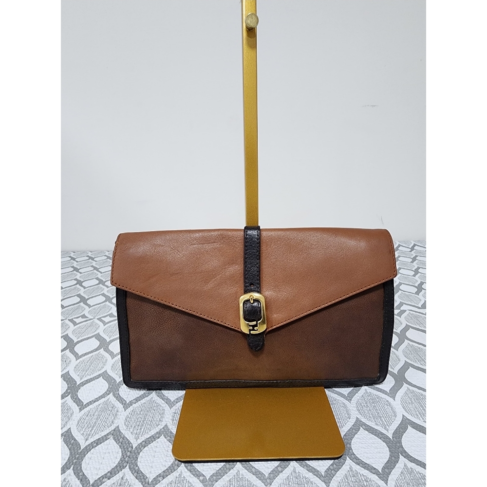 Fendi Leather and Patent Leather Trim Fendista Envelope Clutch Black/Brown